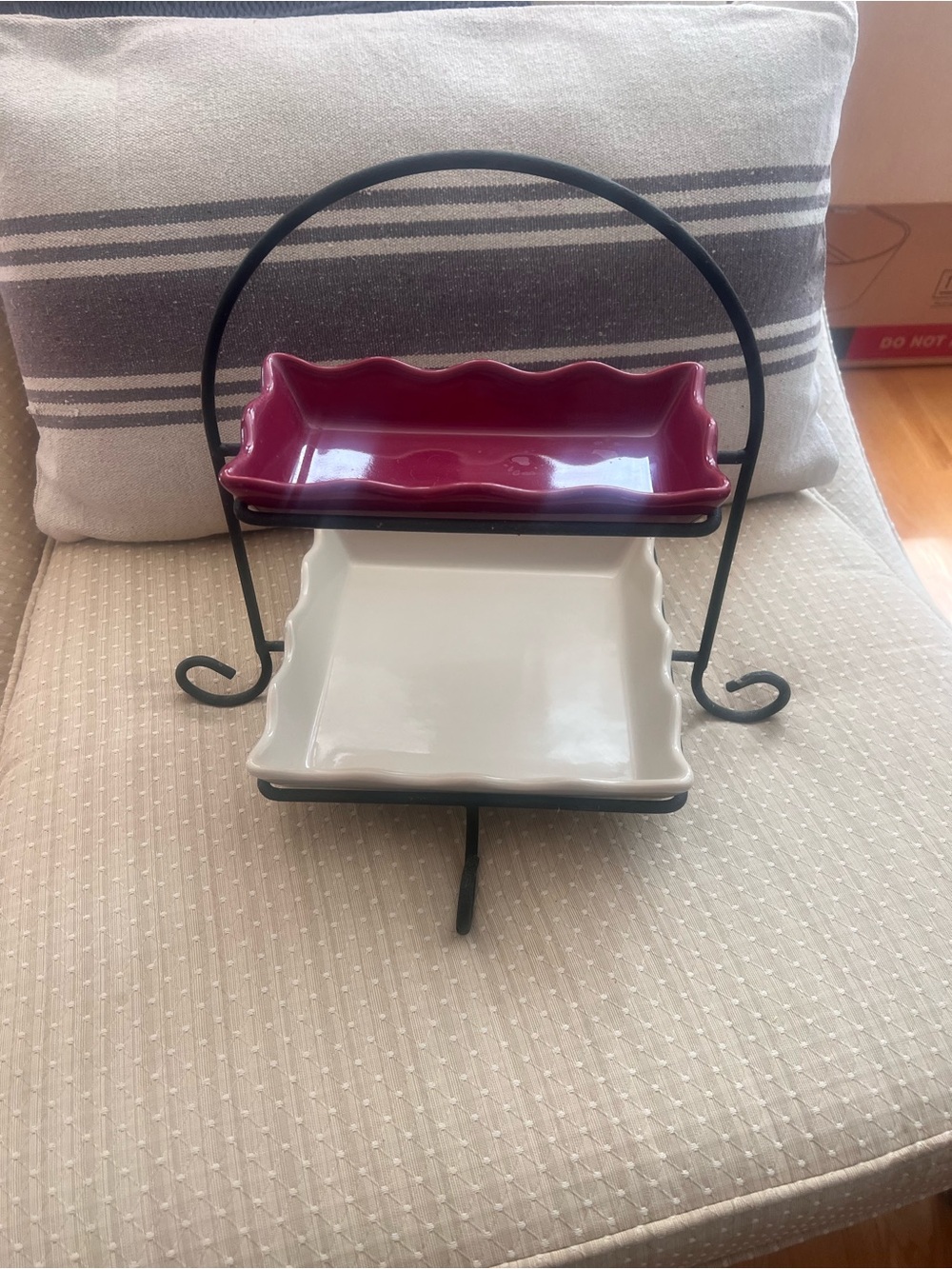 Two-Tier Henn pottery  Serving Stand in Burgundy and White.